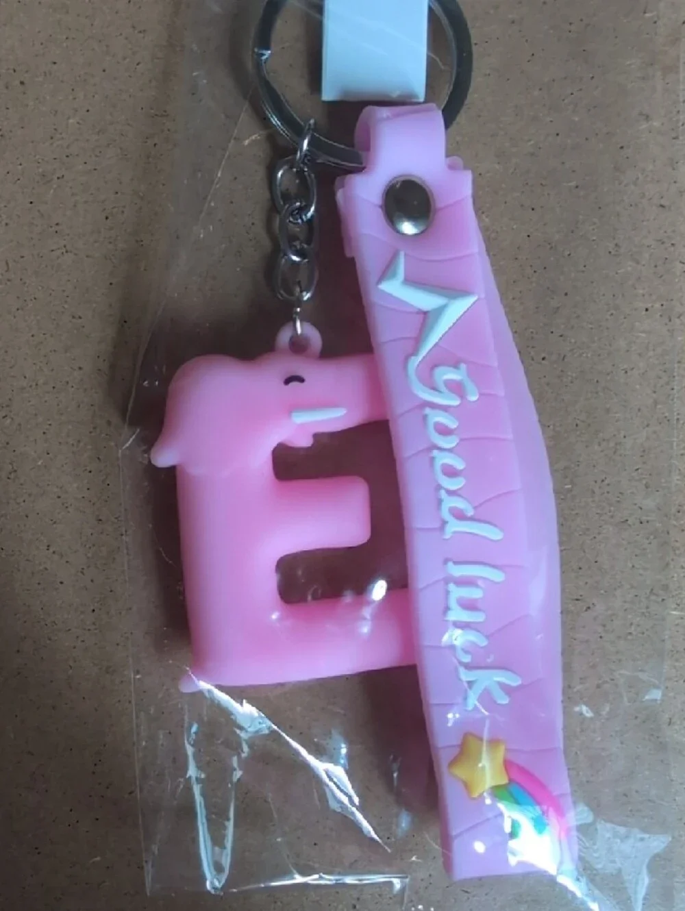 Pink Elephant Keychain with Rainbow Star Charm